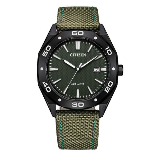 Orologio Metropolitan Sport con cassa in acciaio nero e cinturino in nylon verde su sfondo chiaro.