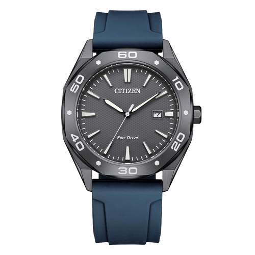 Orologio Metropolitan Sport con cassa in acciaio grigio e cinturino in caucciù blu su sfondo chiaro.