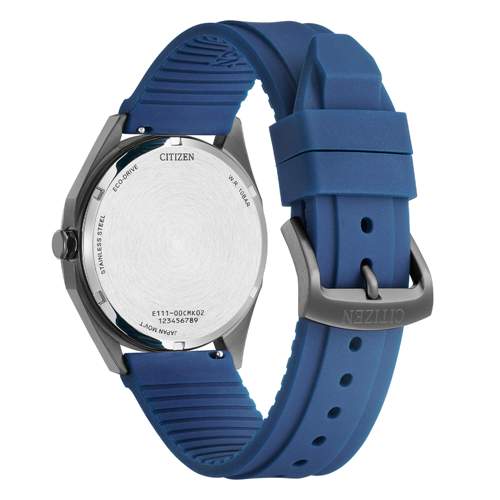 Orologio Metropolitan Sport con cassa in acciaio grigio e cinturino in caucciù blu su sfondo chiaro.