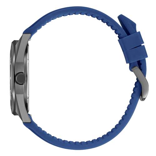 Orologio Metropolitan Sport con cassa in acciaio grigio e cinturino in caucciù blu su sfondo chiaro.