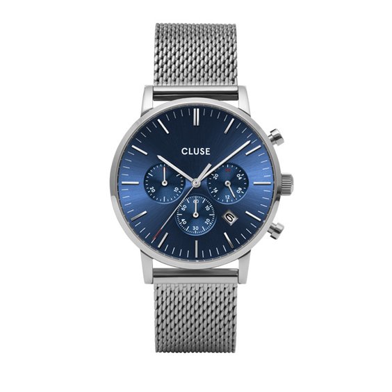 Orologio Arvis cronografo con cassa in acciaio lucido, cinturino a maglia milano color argento e quadrante blu scuro che mostra i contatori del cronografo.