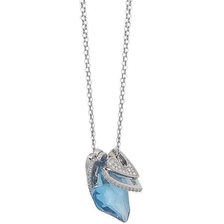 Collana in argento rodiato con pendente a forma di cuore in cristallo Swarovski azzurro e decorazioni a cuore con pavé di zirconi bianchi.