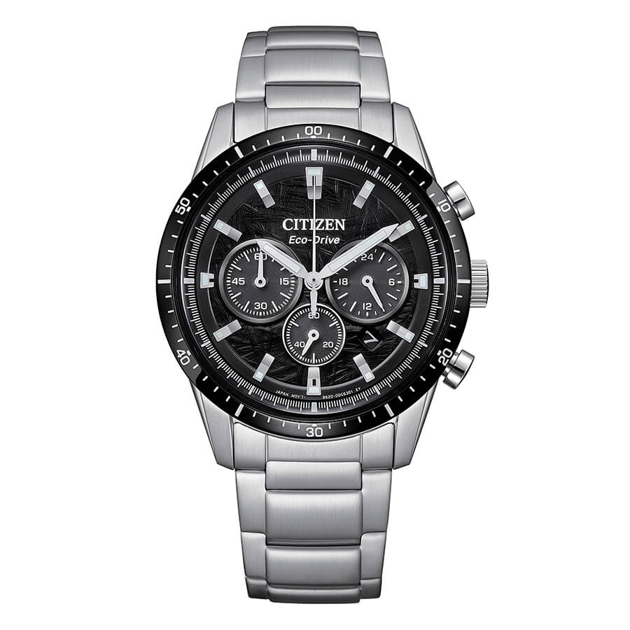 Orologio da uomo cronografo Eco Drive T9 Crono nero con cassa in acciaio, cinturino in acciaio e vetro minerale curvato.