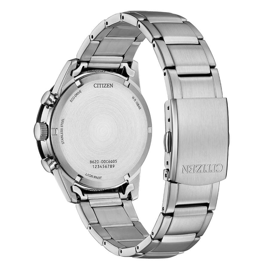 Orologio da uomo cronografo Eco Drive T9 Crono nero con cassa in acciaio, cinturino in acciaio e vetro minerale curvato.