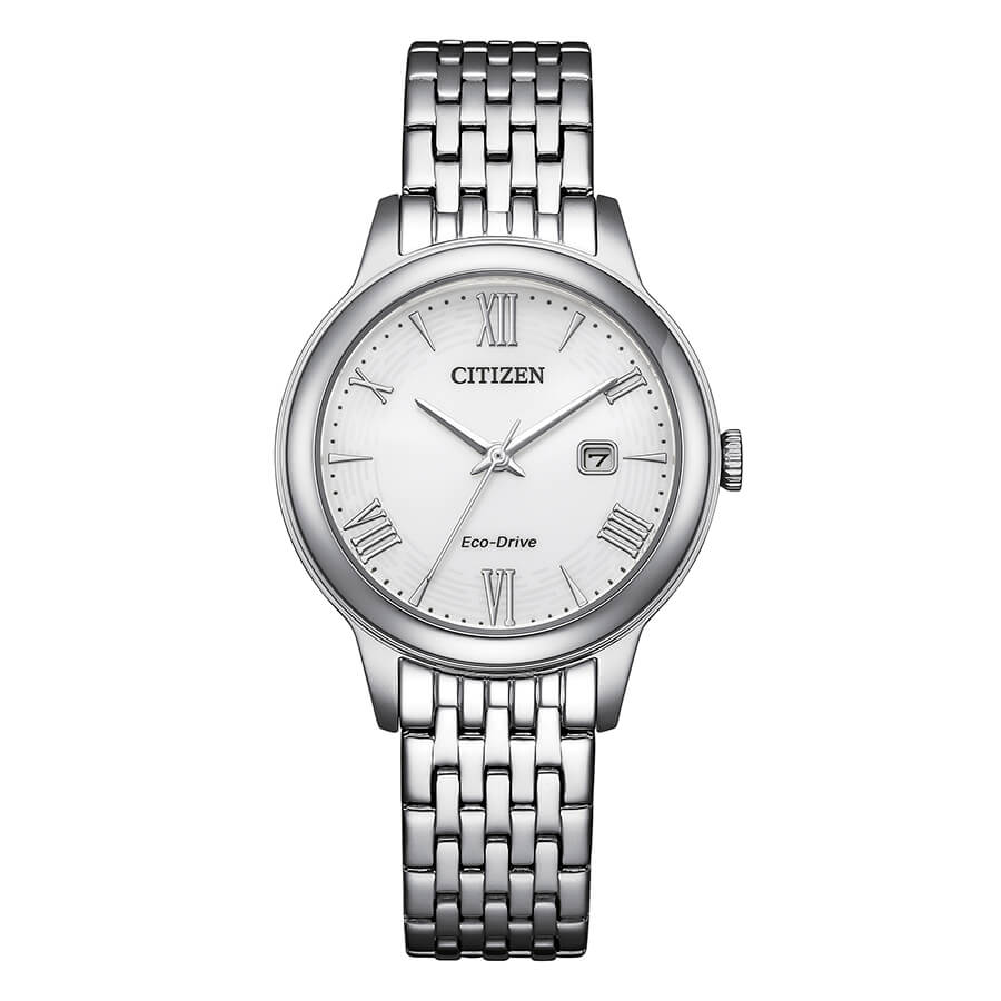 Orologio da donna Eco Drive con cassa e bracciale in acciaio, quadrante bianco e cinturino in acciaio. Diametro 31 mm.