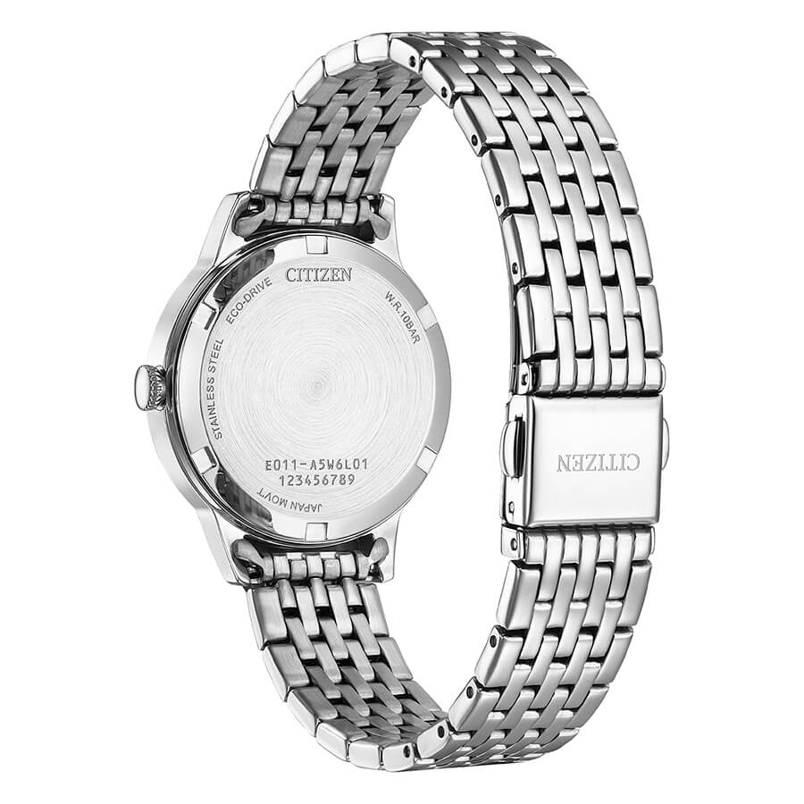 Orologio da donna Eco Drive con cassa e bracciale in acciaio, quadrante bianco e cinturino in acciaio. Diametro 31 mm.