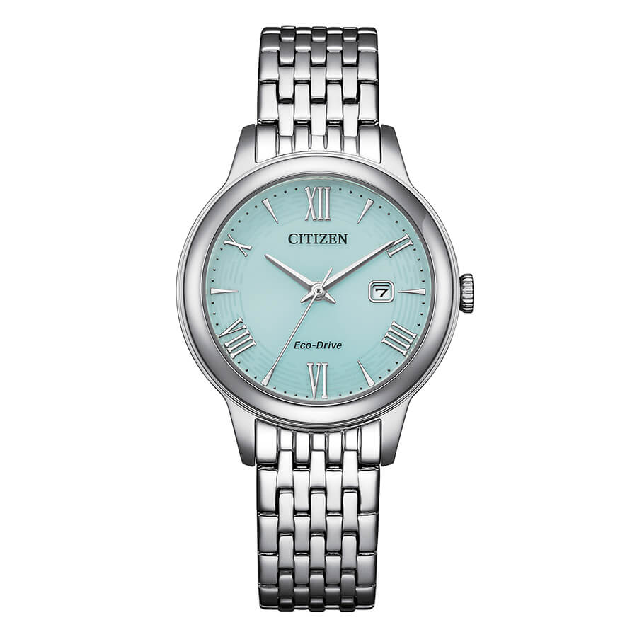 Orologio da donna Eco Drive con cassa e bracciale in acciaio, quadrante azzurro e cinturino in acciaio. Diametro 31 mm.