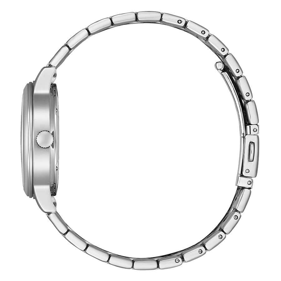 Orologio da donna Eco Drive con cassa e bracciale in acciaio, quadrante azzurro e cinturino in acciaio. Diametro 31 mm.