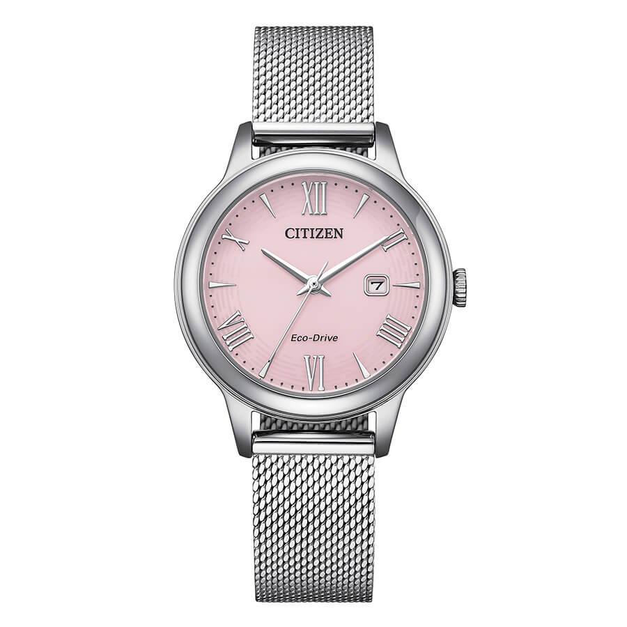 Orologio da donna Eco Drive con cassa e bracciale in acciaio, quadrante rosa e cinturino a maglia Milano. Diametro 31 mm.
