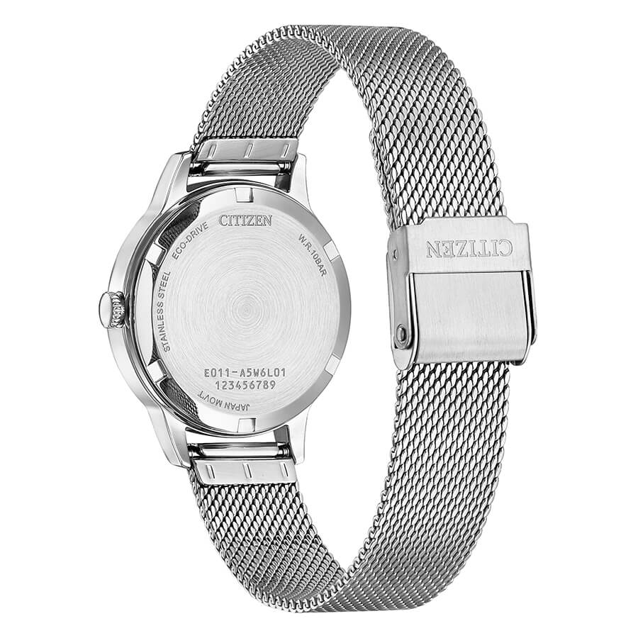 Orologio da donna Eco Drive con cassa e bracciale in acciaio, quadrante rosa e cinturino a maglia Milano. Diametro 31 mm.