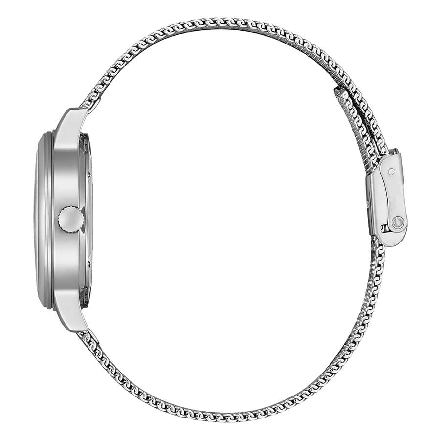 Orologio da donna Eco Drive con cassa e bracciale in acciaio, quadrante rosa e cinturino a maglia Milano. Diametro 31 mm.