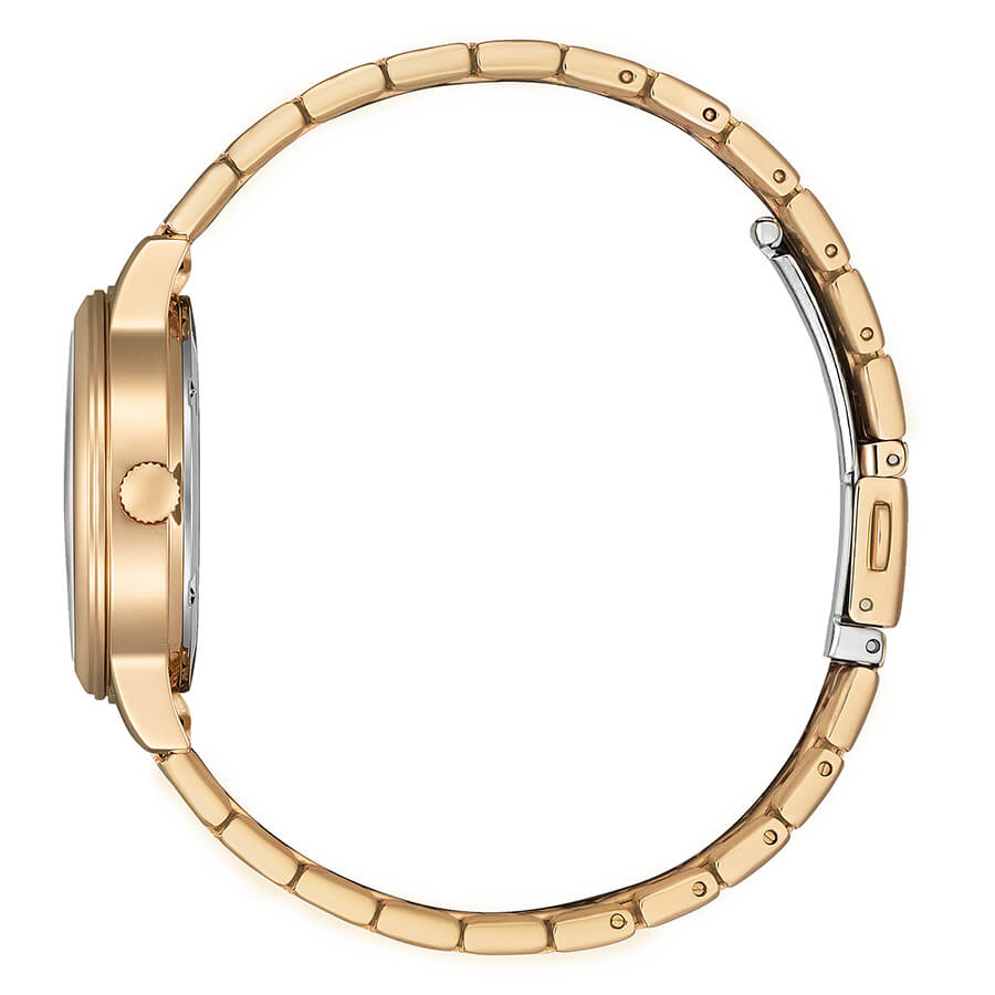 Orologio da donna con movimento Eco-Drive, cassa in acciaio da 31 mm e bracciale in acciaio dorato con chiusura di sicurezza.