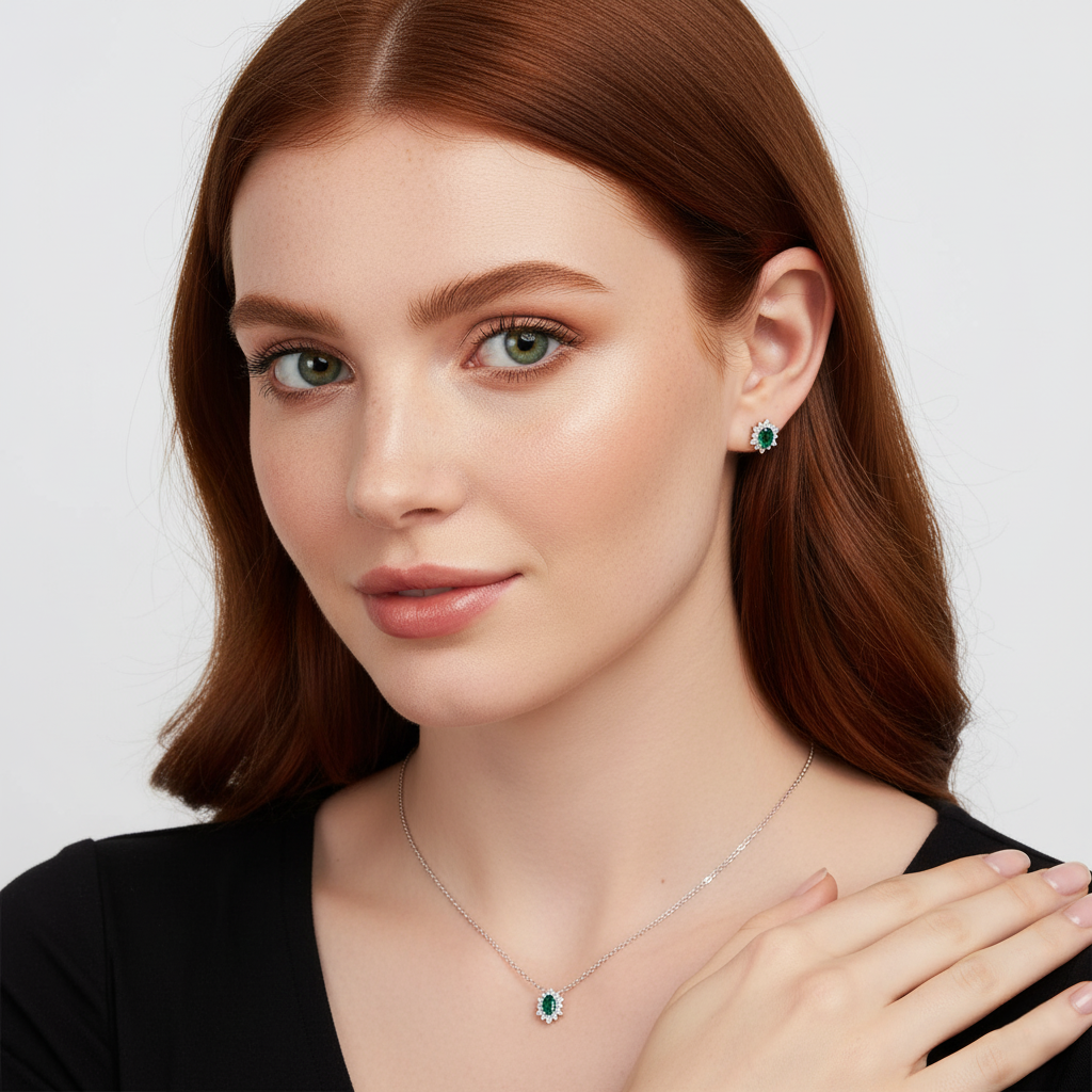 Set di gioielli con zirconi verdi e bianchi, indossato da una donna dai capelli rossi su sfondo bianco. La collana presenta un ciondolo ovale con zircone verde centrale e contorno di zirconi bianchi, abbinato a orecchini a lobo dello stesso design.