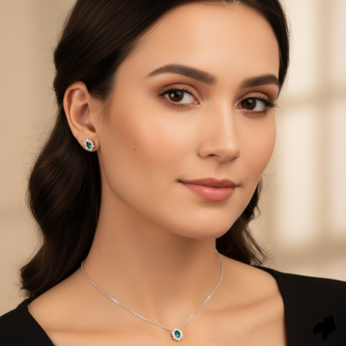 Parure in argento rodiato composta da orecchini a lobo e collana con pendente, con contorno di zirconi bianchi e pietre centrali in zircone verde.