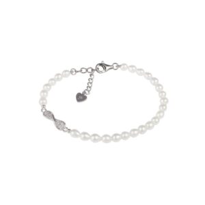 Bracciale da donna realizzato con perle coltivate (4.5-5 mm) e inserto centrale a forma di infinito tempestato di zirconi bianchi. Chiusura regolabile.