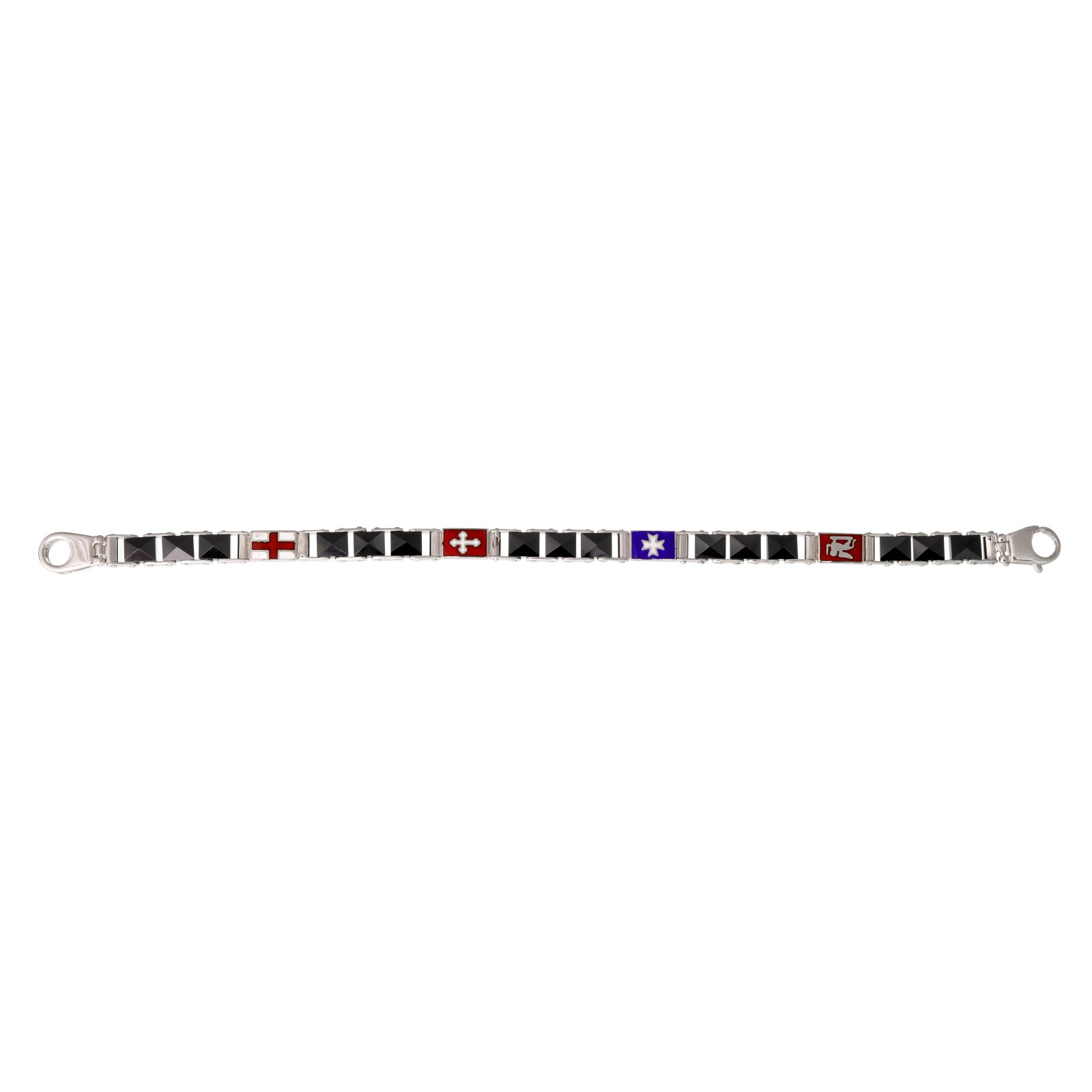 Bracciale da uomo in argento con placche raffiguranti gli stemmi delle repubbliche marinare smaltate a fuoco alternate a segmenti in ceramica high-tech nera.