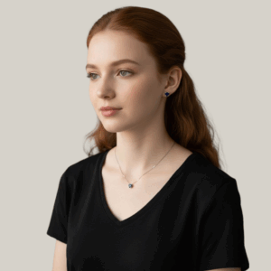 Ragazza che indossa una parure in argento rodiato composta da una collana con pendente a cuore in zircone blu e orecchini a lobo abbinati.