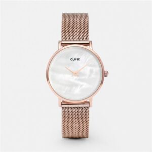 Orologio da donna con quadrante in madreperla, cassa e cinturino a maglia Milano in acciaio color oro rosato.