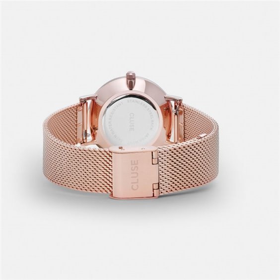 Orologio da donna con quadrante in madreperla, cassa e cinturino a maglia Milano in acciaio color oro rosato.