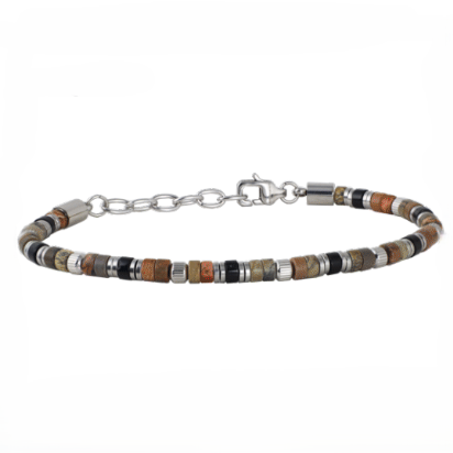 Bracciale da uomo con filo di perline cilindriche in pietre naturali multicolori e distanziatori in acciaio. Chiusura a moschettone e catena di estensione in acciaio.